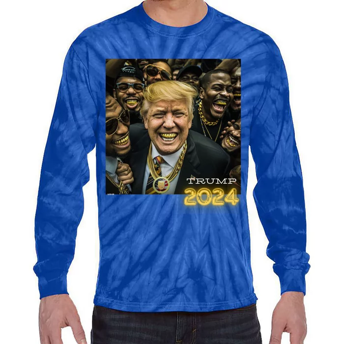 Trump 2024 Election Gold Th Maga Hood Gangsta Gift Tie-Dye Long Sleeve Shirt