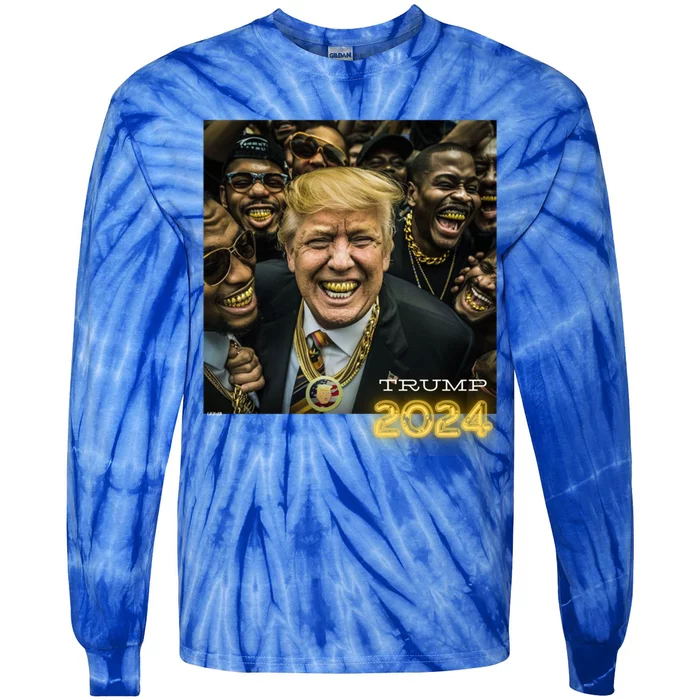 Trump 2024 Election Gold Th Maga Hood Gangsta Gift Tie-Dye Long Sleeve Shirt