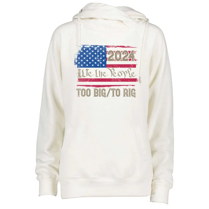 Trump 2024 Election Usa Flag Too Big To Rig Vote Felon Gift Womens Funnel Neck Pullover Hood