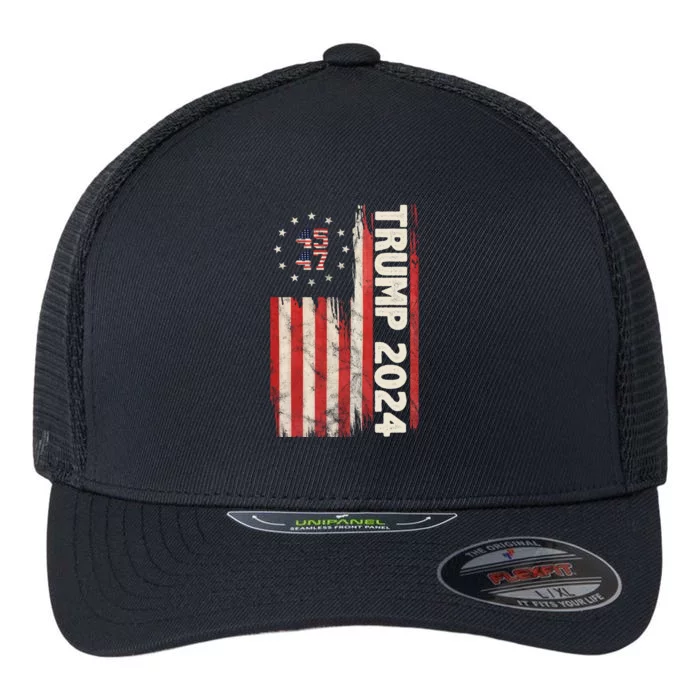 Trump 2024 Election 45 47 Vintage American Flag Flexfit Unipanel Trucker Cap