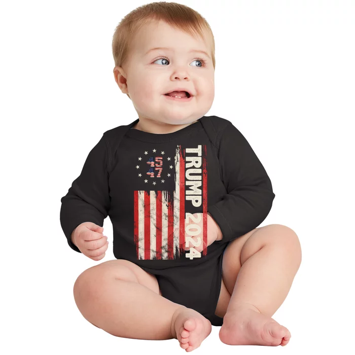 Trump 2024 Election 45 47 Vintage American Flag Baby Long Sleeve Bodysuit