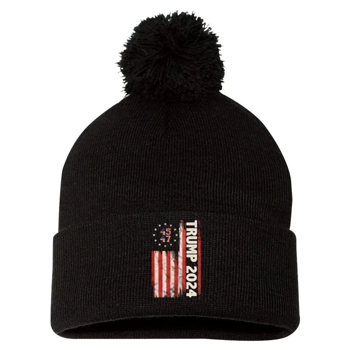 Trump 2024 Election 45 47 Vintage American Flag Pom Pom 12in Knit Beanie