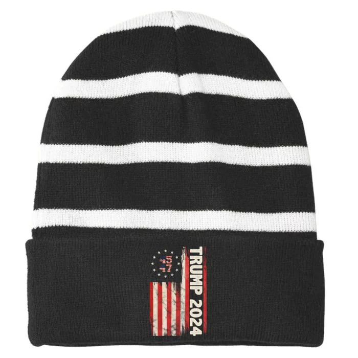 Trump 2024 Election 45 47 Vintage American Flag Striped Beanie with Solid Band