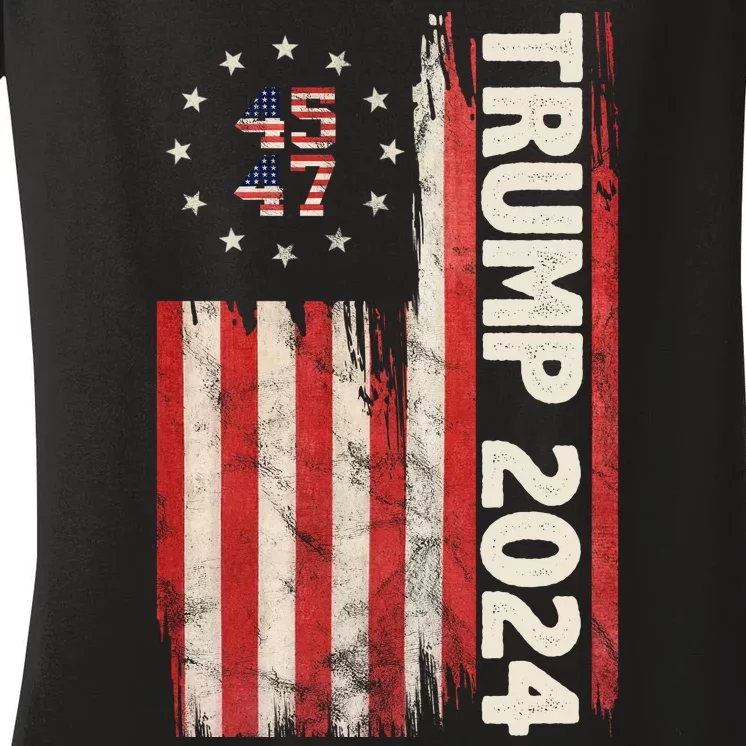 Trump 2024 Election 45 47 Vintage American Flag Women's V-Neck T-Shirt