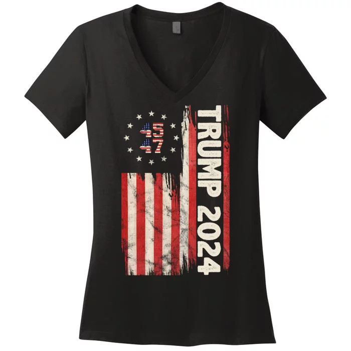 Trump 2024 Election 45 47 Vintage American Flag Women's V-Neck T-Shirt