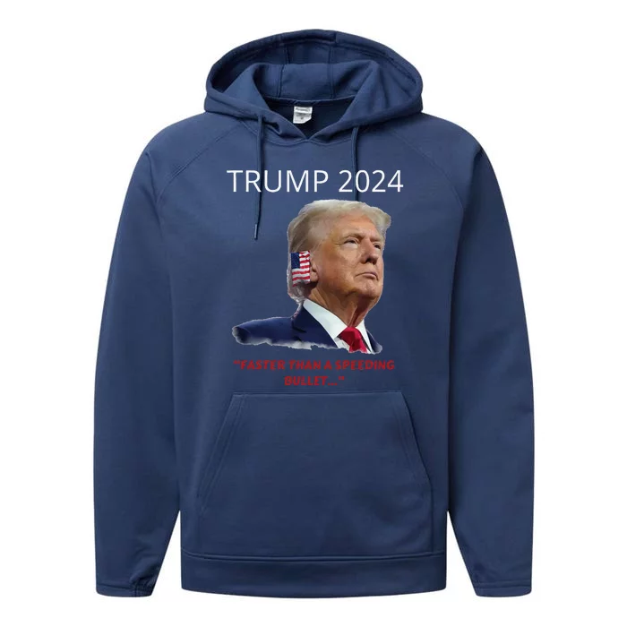 Trump 2024 Faster Than A Speeding Bullet Patriotic Graphic Performance Fleece Hoodie