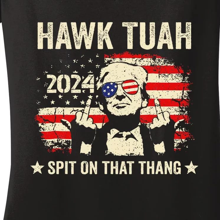 Trump 2024 Flag Funny Hawk Tush Middle Finger 24 Vote Trump Women's V-Neck T-Shirt