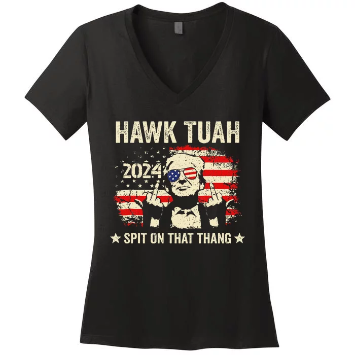 Trump 2024 Flag Funny Hawk Tush Middle Finger 24 Vote Trump Women's V-Neck T-Shirt