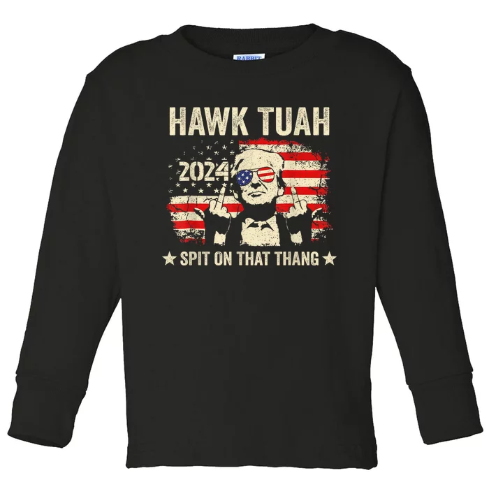 Trump 2024 Flag Funny Hawk Tush Middle Finger 24 Vote Trump Toddler Long Sleeve Shirt