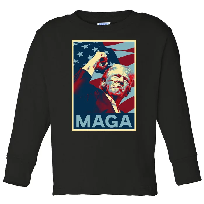 Trump 2024 Fight Fist Pump Us Flag Vintage Style Poster Maga Toddler Long Sleeve Shirt