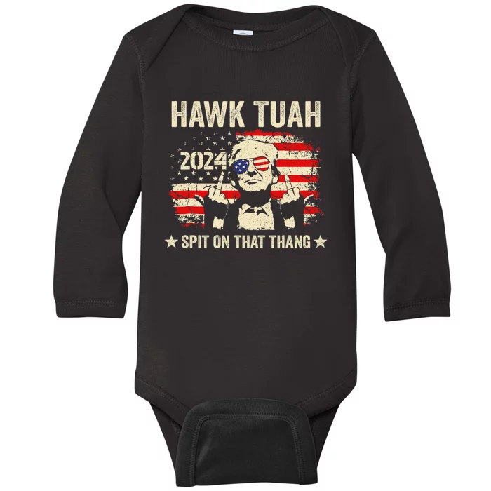 Trump 2024 Flag Funny Hawk Tush Middle Finger 24 Vote Trump Baby Long Sleeve Bodysuit