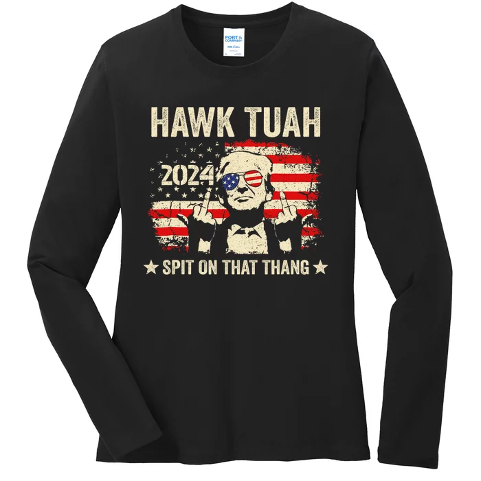 Trump 2024 Flag Funny Hawk Tush Middle Finger 24 Vote Trump Ladies Long Sleeve Shirt