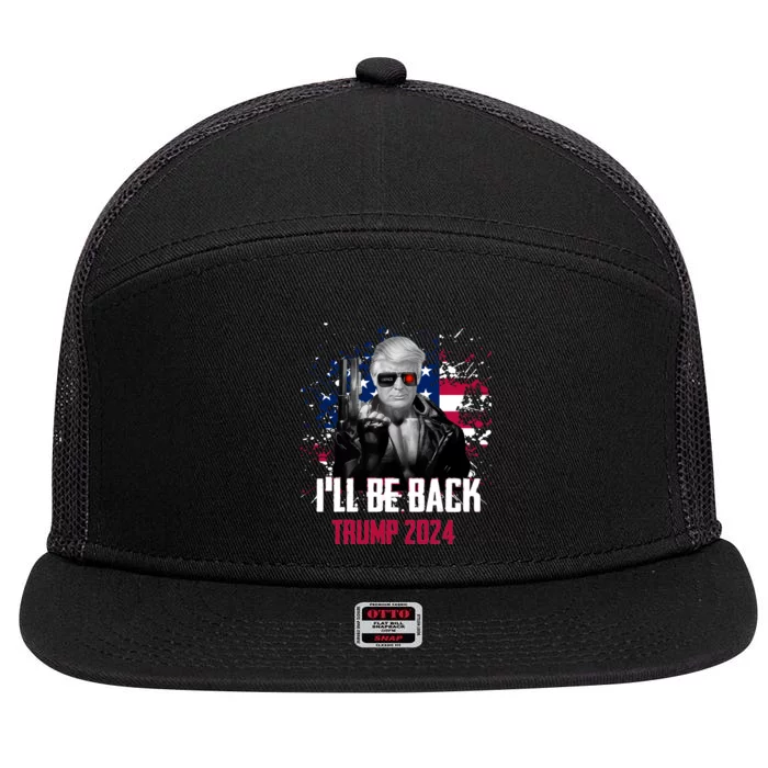 Trump 2024 Ill Be Back American Flag 4th Of July 7 Panel Mesh Trucker Snapback Hat