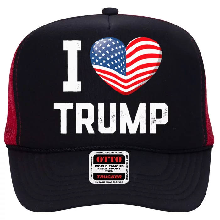 Trump 2024 I Love Trump America Heart Usa Love Donald Trump High Crown Mesh Trucker Hat