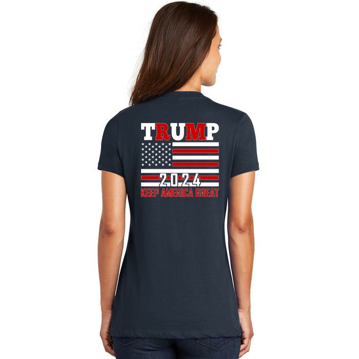 Trump 2024 Keep America Great Usa Flag Front And Back Front & Back Women's V-Neck T-Shirt