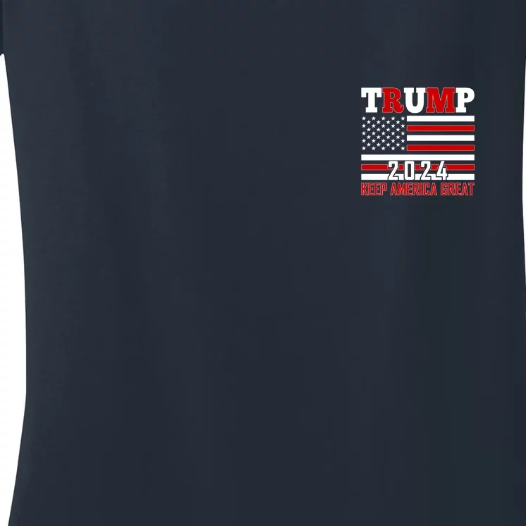 Trump 2024 Keep America Great Usa Flag Front And Back Front & Back Women's V-Neck T-Shirt