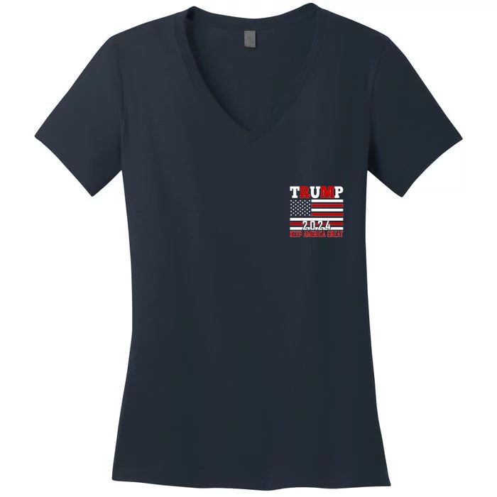 Trump 2024 Keep America Great Usa Flag Front And Back Front & Back Women's V-Neck T-Shirt