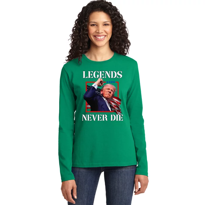 Trump 2024 Legends Never Die Fight Trump Fist Pump Shot Ladies Long Sleeve Shirt