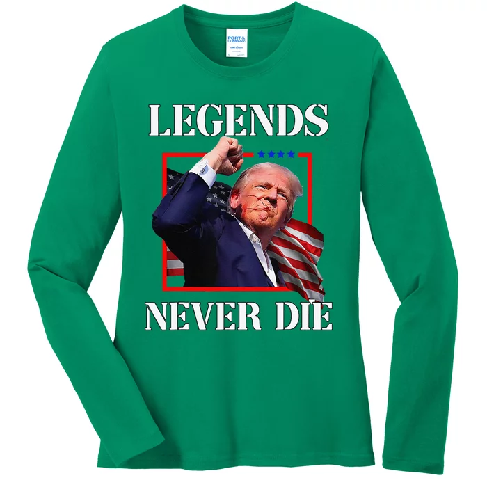 Trump 2024 Legends Never Die Fight Trump Fist Pump Shot Ladies Long Sleeve Shirt