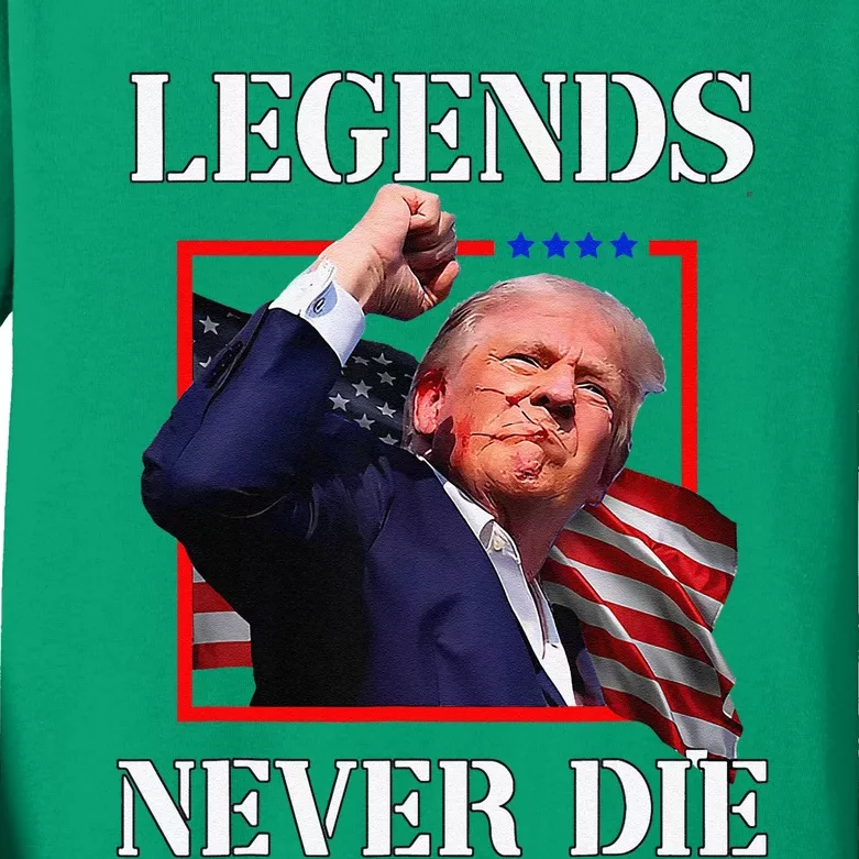 Trump 2024 Legends Never Die Fight Trump Fist Pump Shot Kids Long Sleeve Shirt