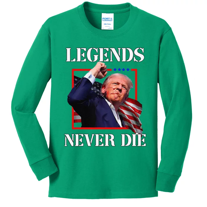 Trump 2024 Legends Never Die Fight Trump Fist Pump Shot Kids Long Sleeve Shirt