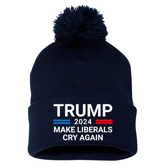 Trump 2024 Make Liberals Cry Again American Flag Pom Pom 12in Knit Beanie