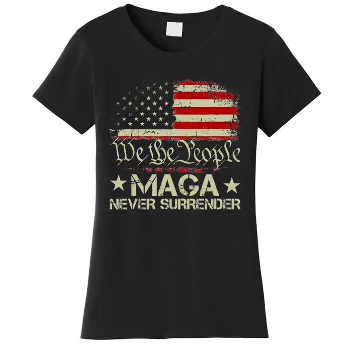 Trump 2024 Maga Never Surrender Us American Flag Women's T-Shirt