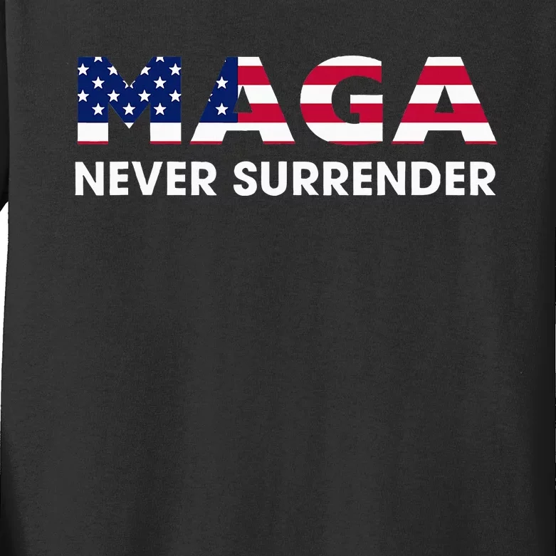 Trump 2024 Maga Never Surrender Kids Long Sleeve Shirt