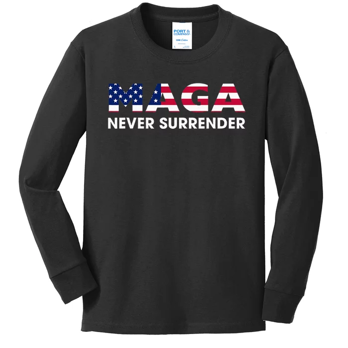 Trump 2024 Maga Never Surrender Kids Long Sleeve Shirt