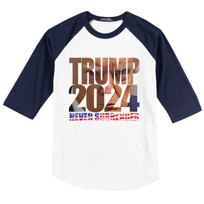 Trump 2024 Never Surrender Mugshot Baseball Sleeve Shirt