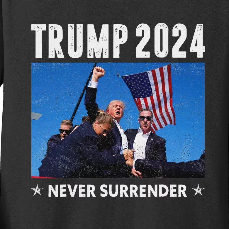 Trump 2024 Never Surrender Assassination Design Kids Long Sleeve Shirt