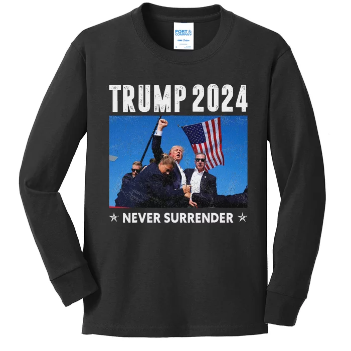 Trump 2024 Never Surrender Assassination Design Kids Long Sleeve Shirt