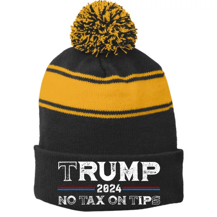 Trump 2024 No Tax On Tips Us Flag Stripe Pom Pom Beanie