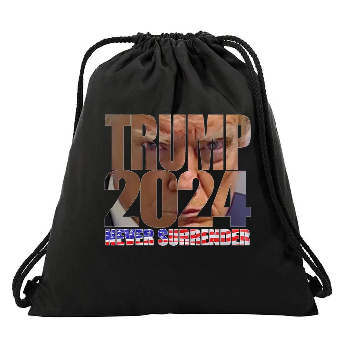 Trump 2024 Never Surrender Mugshot Drawstring Bag