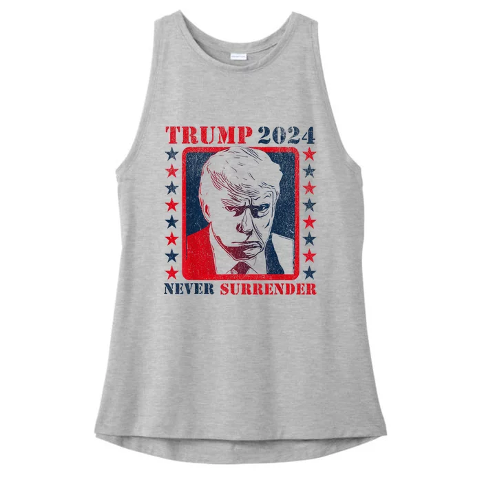 Trump 2024 Never Surrender Donald Trump Mug Shot Ladies Tri-Blend Wicking Tank