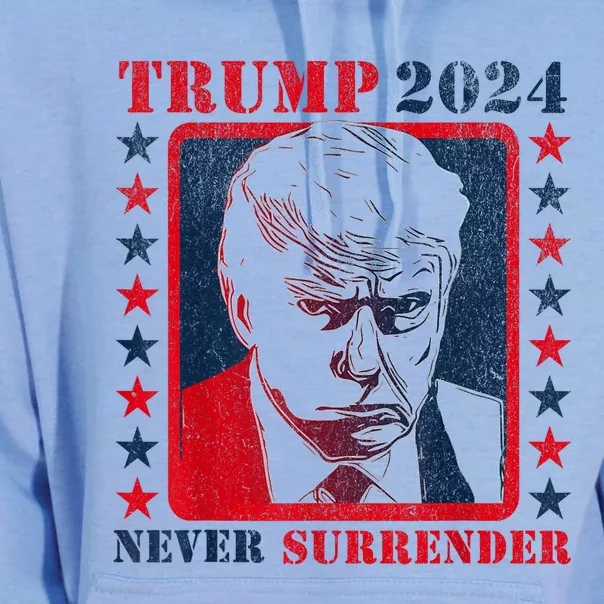 Trump 2024 Never Surrender Donald Trump Mug Shot Unisex Surf Hoodie