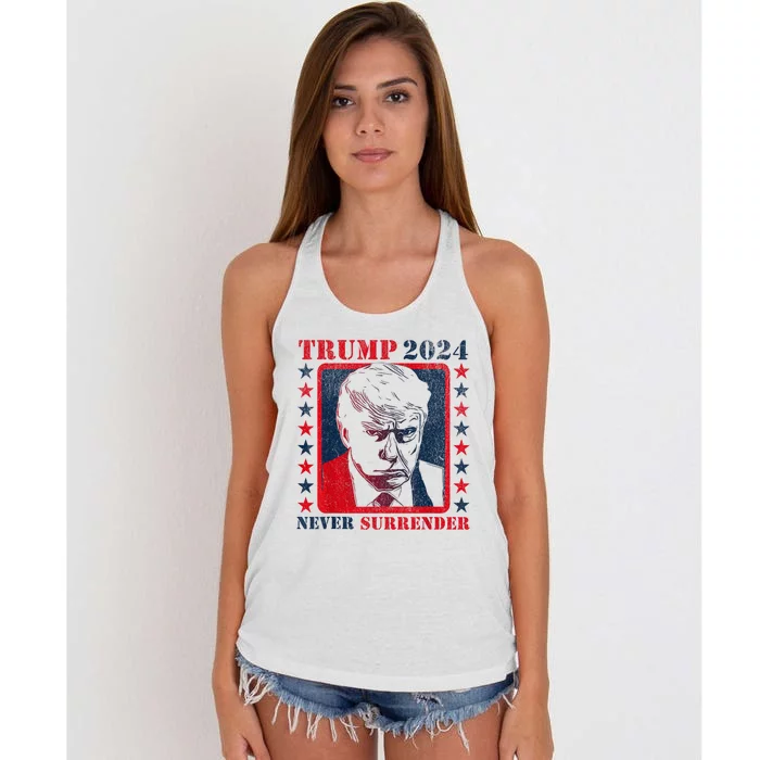 Trump 2024 Never Surrender Donald Trump Mug Shot Women's Knotted Racerback Tank