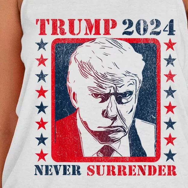 Trump 2024 Never Surrender Donald Trump Mug Shot Women's Knotted Racerback Tank