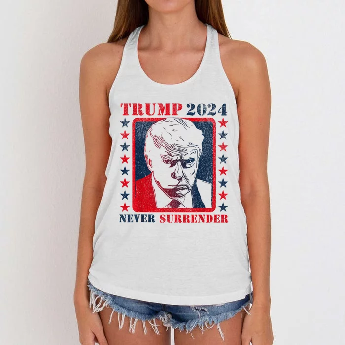 Trump 2024 Never Surrender Donald Trump Mug Shot Women's Knotted Racerback Tank