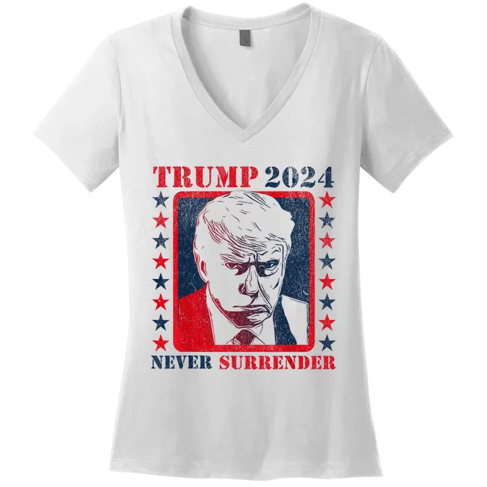 Trump 2024 Never Surrender Donald Trump Mug Shot Women's V-Neck T-Shirt