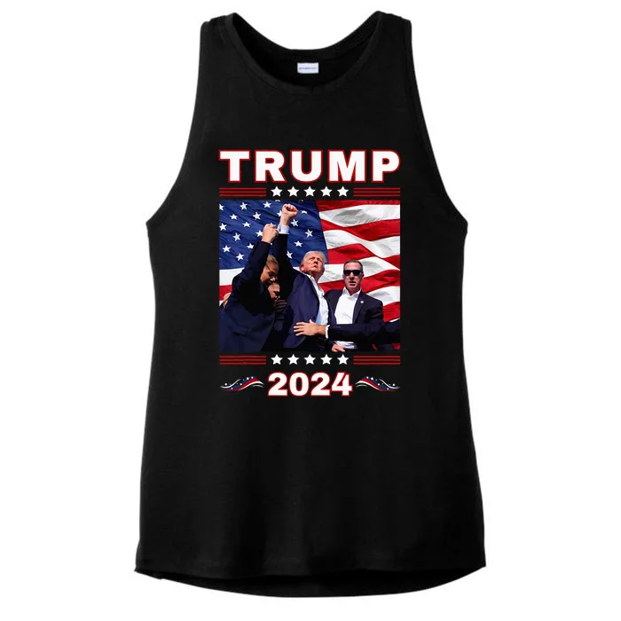 Trump 2024 Pennsylvania Rally Fist Raised American Flag Ladies Tri-Blend Wicking Tank