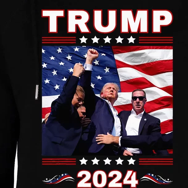 Trump 2024 Pennsylvania Rally Fist Raised American Flag Womens Funnel Neck Pullover Hood