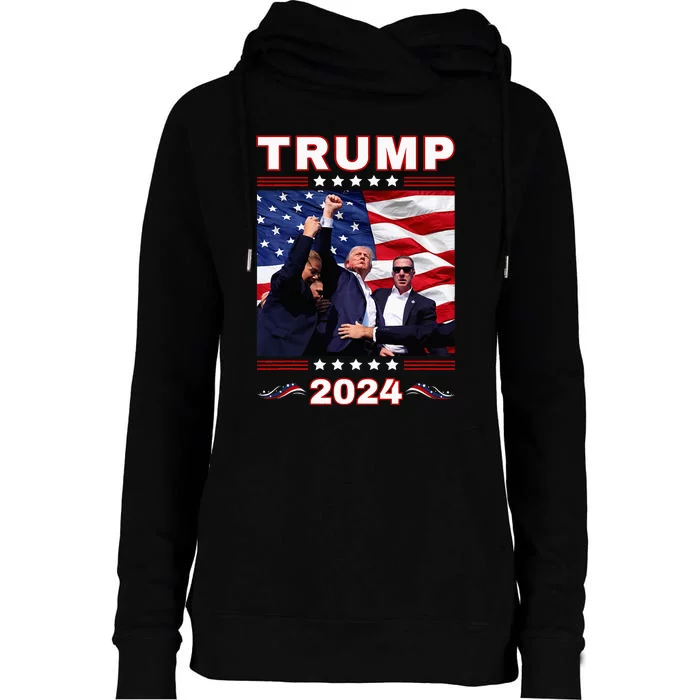 Trump 2024 Pennsylvania Rally Fist Raised American Flag Womens Funnel Neck Pullover Hood