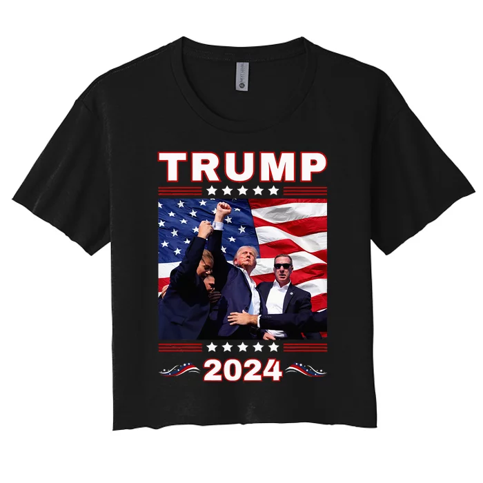 Trump 2024 Pennsylvania Rally Fist Raised American Flag Women's Crop Top Tee