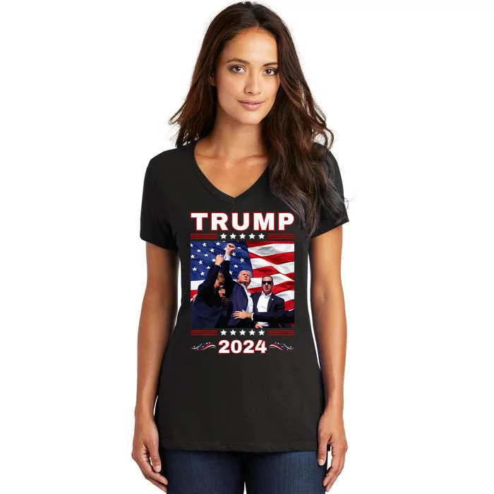 Trump 2024 Pennsylvania Rally Fist Raised American Flag Women's V-Neck T-Shirt