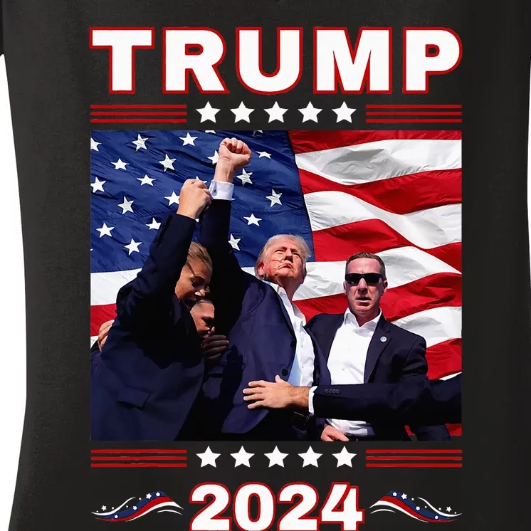 Trump 2024 Pennsylvania Rally Fist Raised American Flag Women's V-Neck T-Shirt