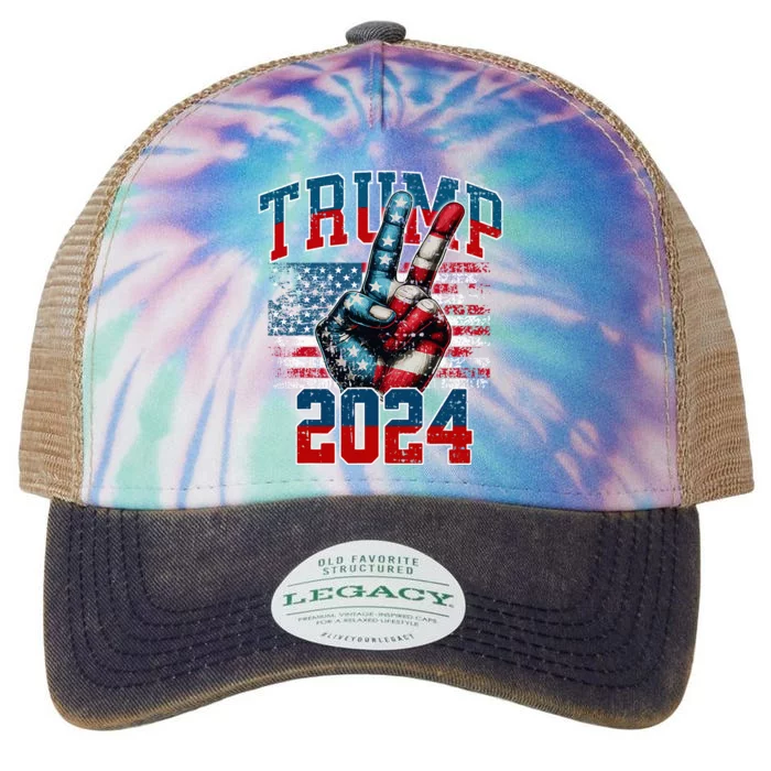 Trump 2024 Peace Sign With Two Fingers 2024 Red White & Blue Legacy Tie Dye Trucker Hat