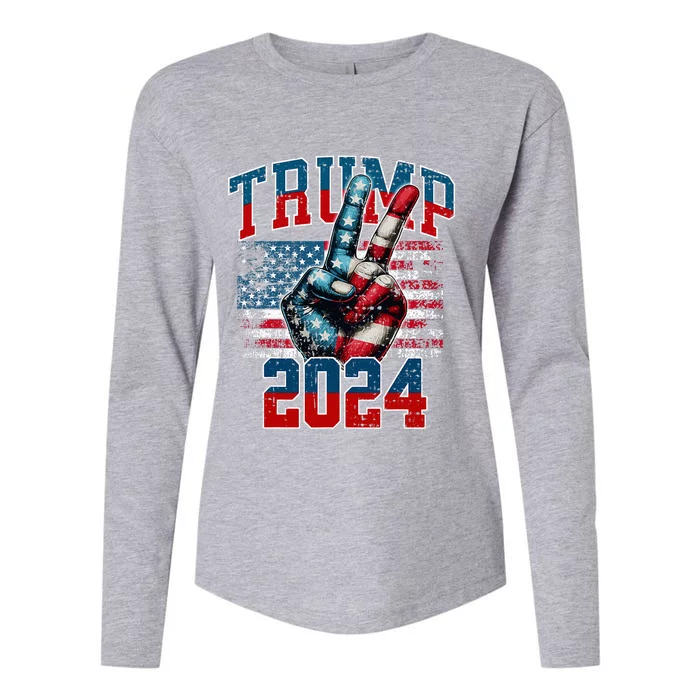 Trump 2024 Peace Sign With Two Fingers 2024 Red White & Blue Womens Cotton Relaxed Long Sleeve T-Shirt