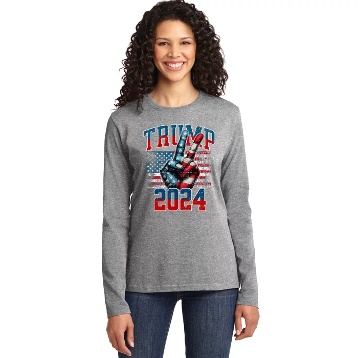 Trump 2024 Peace Sign With Two Fingers 2024 Red White & Blue Ladies Long Sleeve Shirt