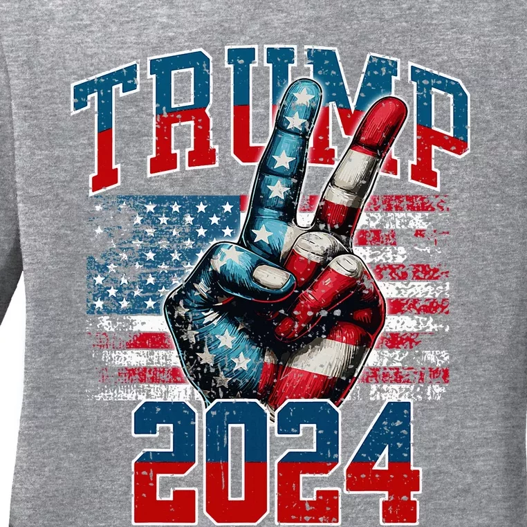 Trump 2024 Peace Sign With Two Fingers 2024 Red White & Blue Ladies Long Sleeve Shirt